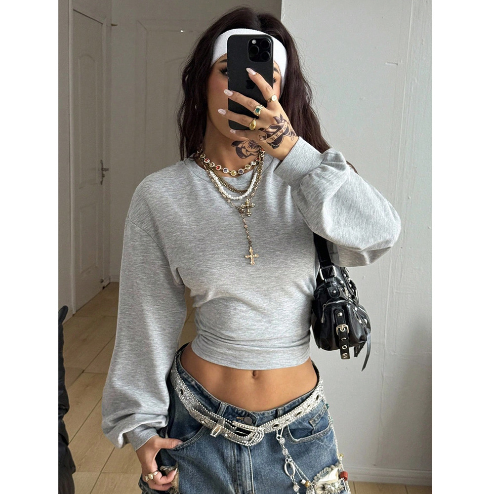 Women's Cropped Slim Fit Y2K Crewneck Solid Color Sweatshirt