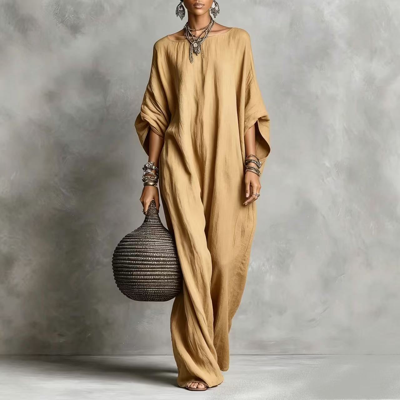 Women's Off-Shoulder Long Sleeve Solid Color Maxi Dress