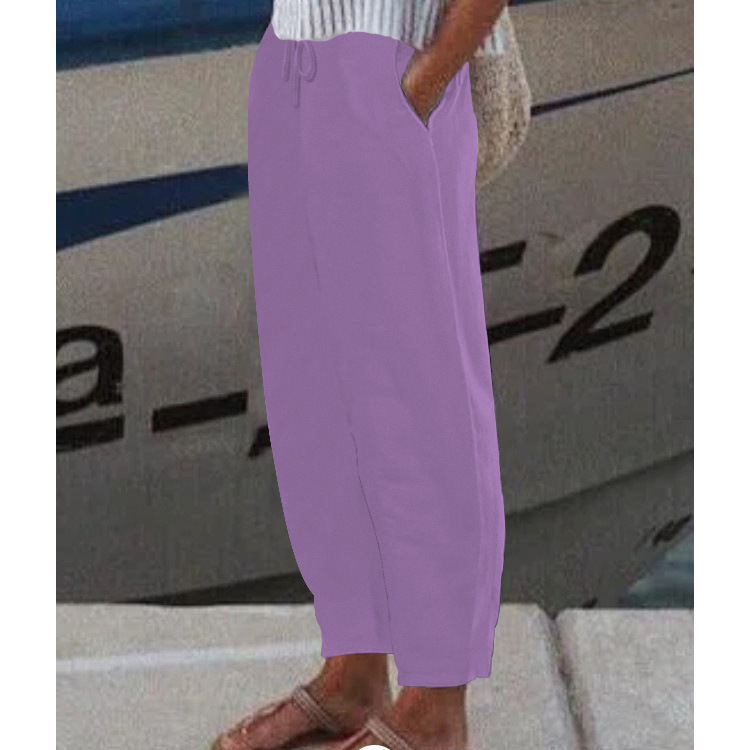 Women's Solid Color Casual Cotton Linen Pants with Elastic Waist