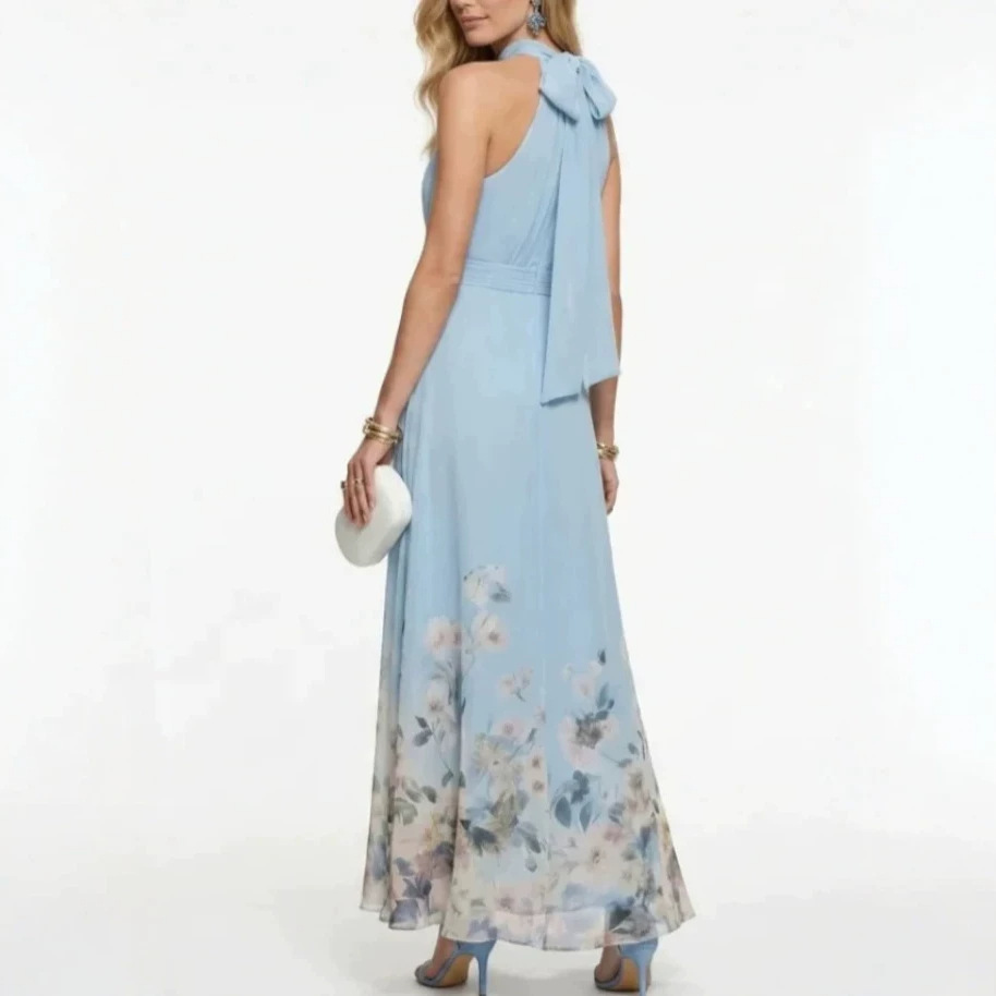 Elegant Floral Print Halter Sleeveless Tie-Waist Long Dress