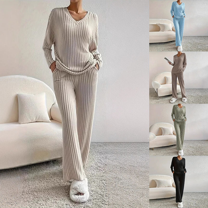 Women's Solid V-Neck Loose Top and Straight-Leg Pants Ribbed Two-Piece Set