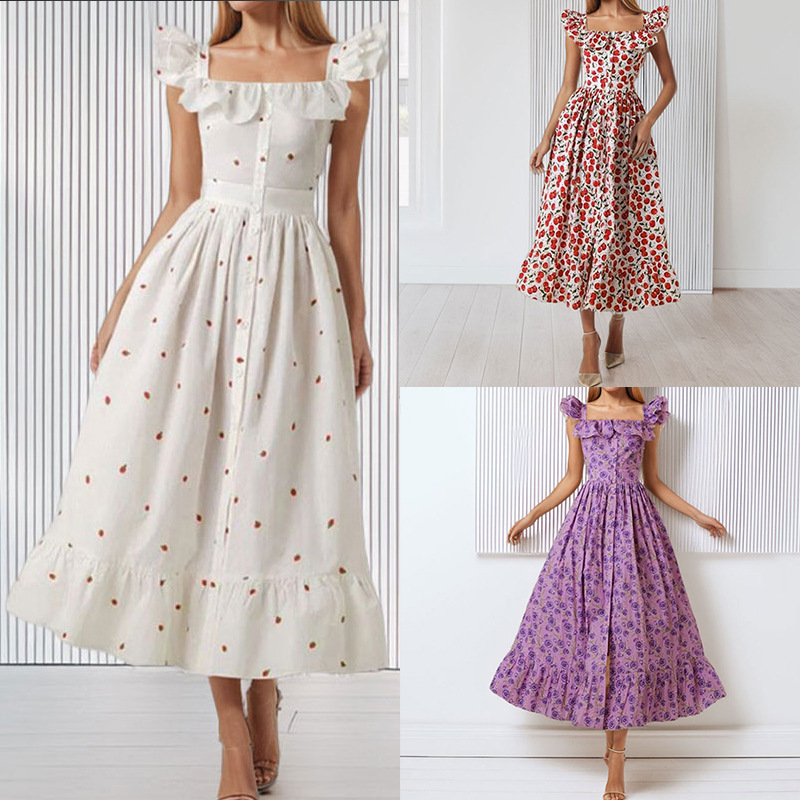 Women's Floral Print Ruffle Trim Square Neck Dress