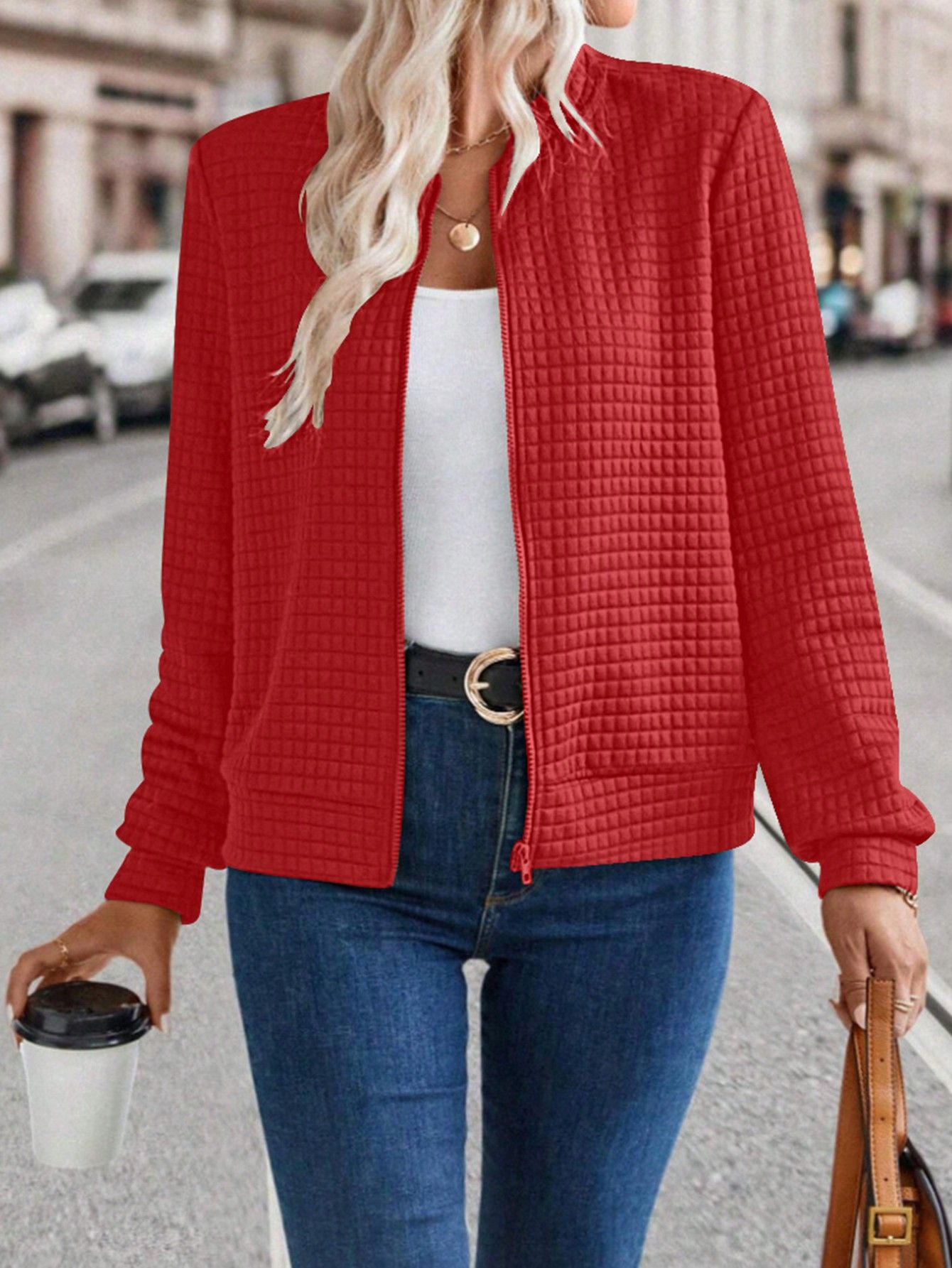 Women's Solid Color Zip-Up Jacket with Textured Finish