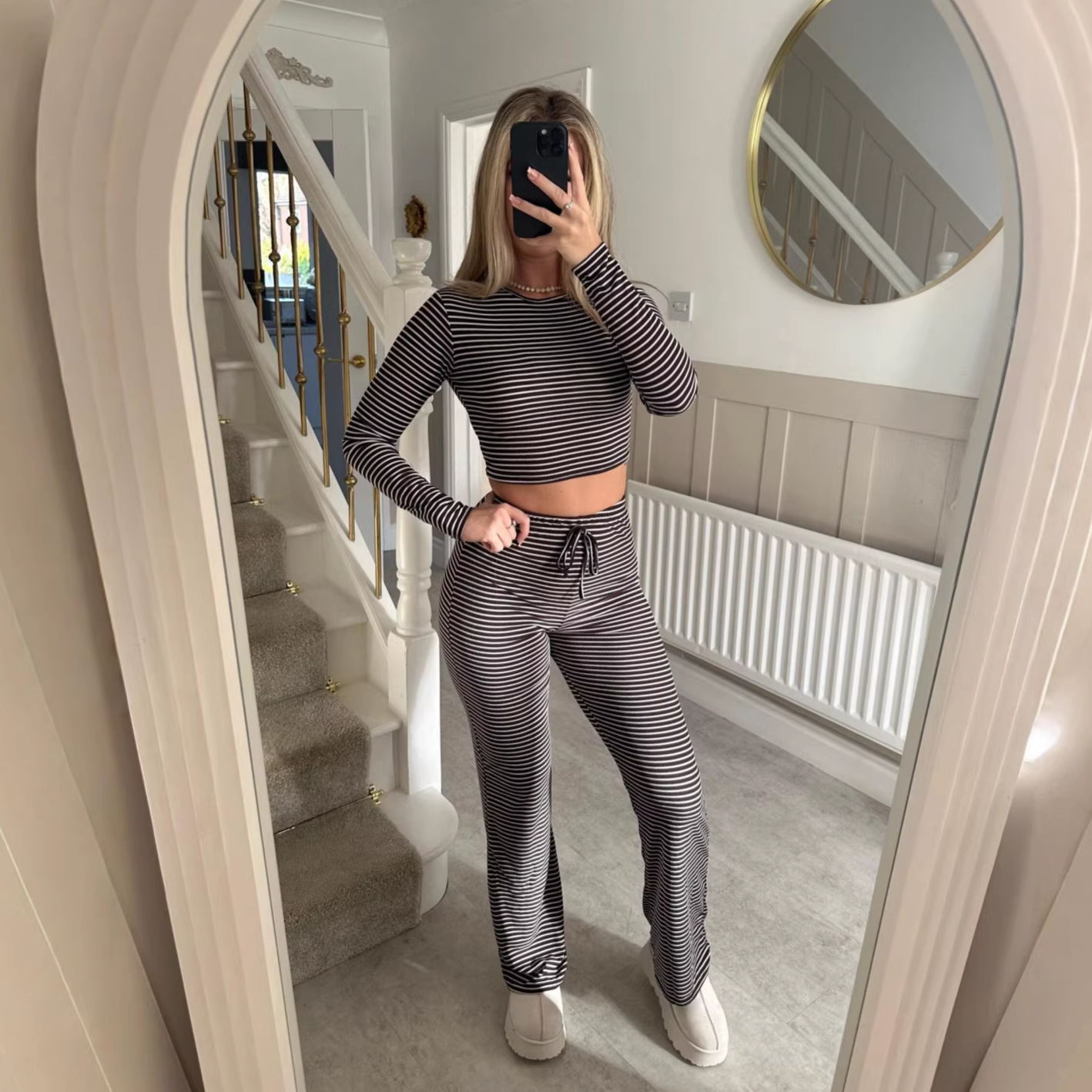 Sexy Striped Color-Block Long-Sleeve Top and Elastic-Waist Pants Two-Piece Set