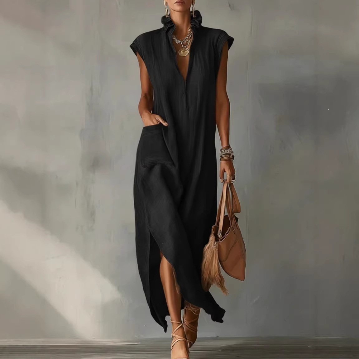 Women's Summer Sleeveless V-Neck Cotton-Linen Dress Loose A-Line Midi