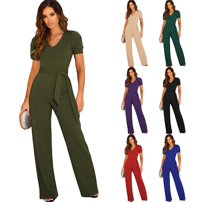 Women's Tie-Waist V-Neck Short-Sleeve Wide-Leg Jumpsuit