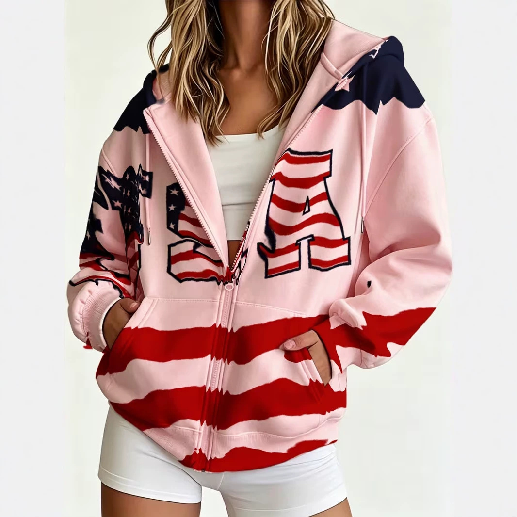 Women's Colorblock USA Flag Striped Zip-Up Hoodie