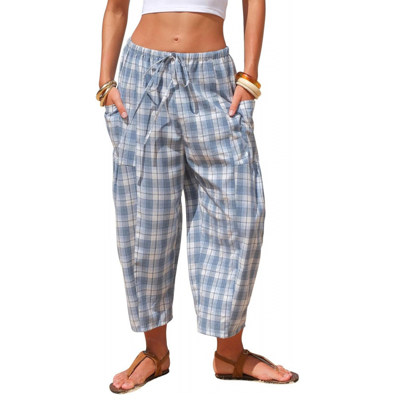 Linen-Blend Plaid Wide-Leg Cropped Pants with Pockets
