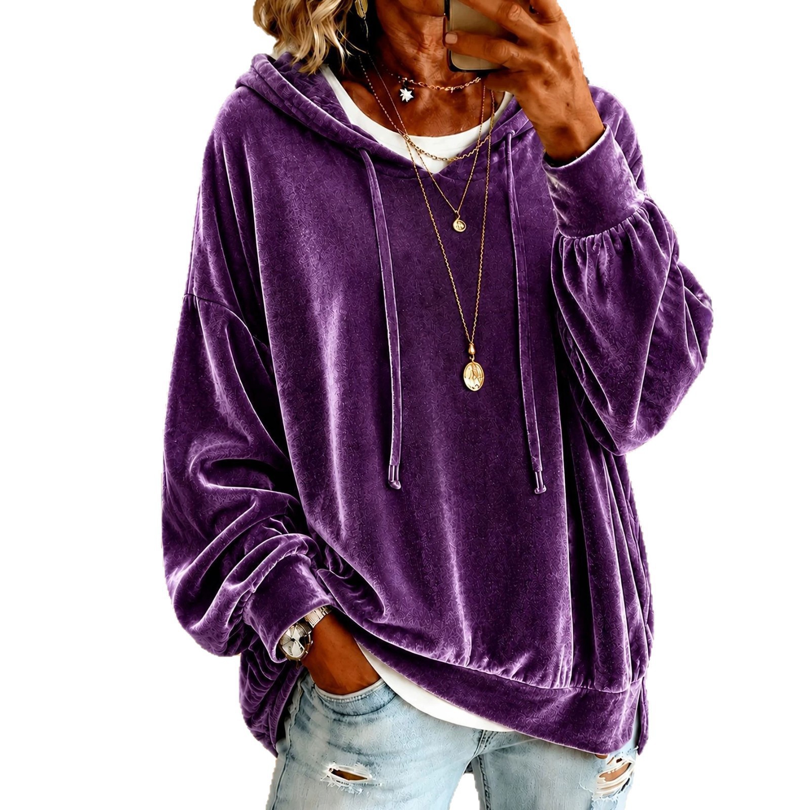 2026 Women's Velvet Hooded Drawstring Sweatshirt Loose Casual Long Sleeve Top Jacket for Europe and America Amazon Independent Station