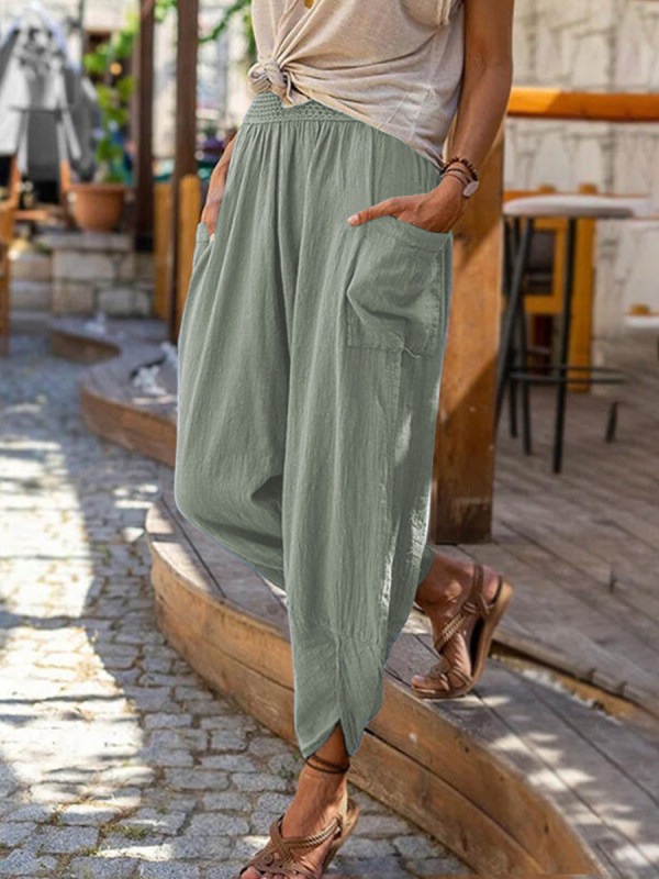 Women's Cotton Linen Wide Leg Harem Pants Casual Beach Trousers
