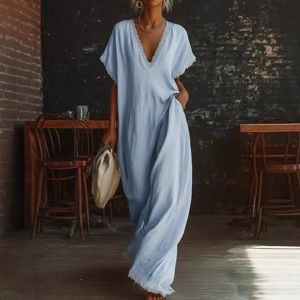 Women's Lace Trim Loose Linen Cotton Long Dress