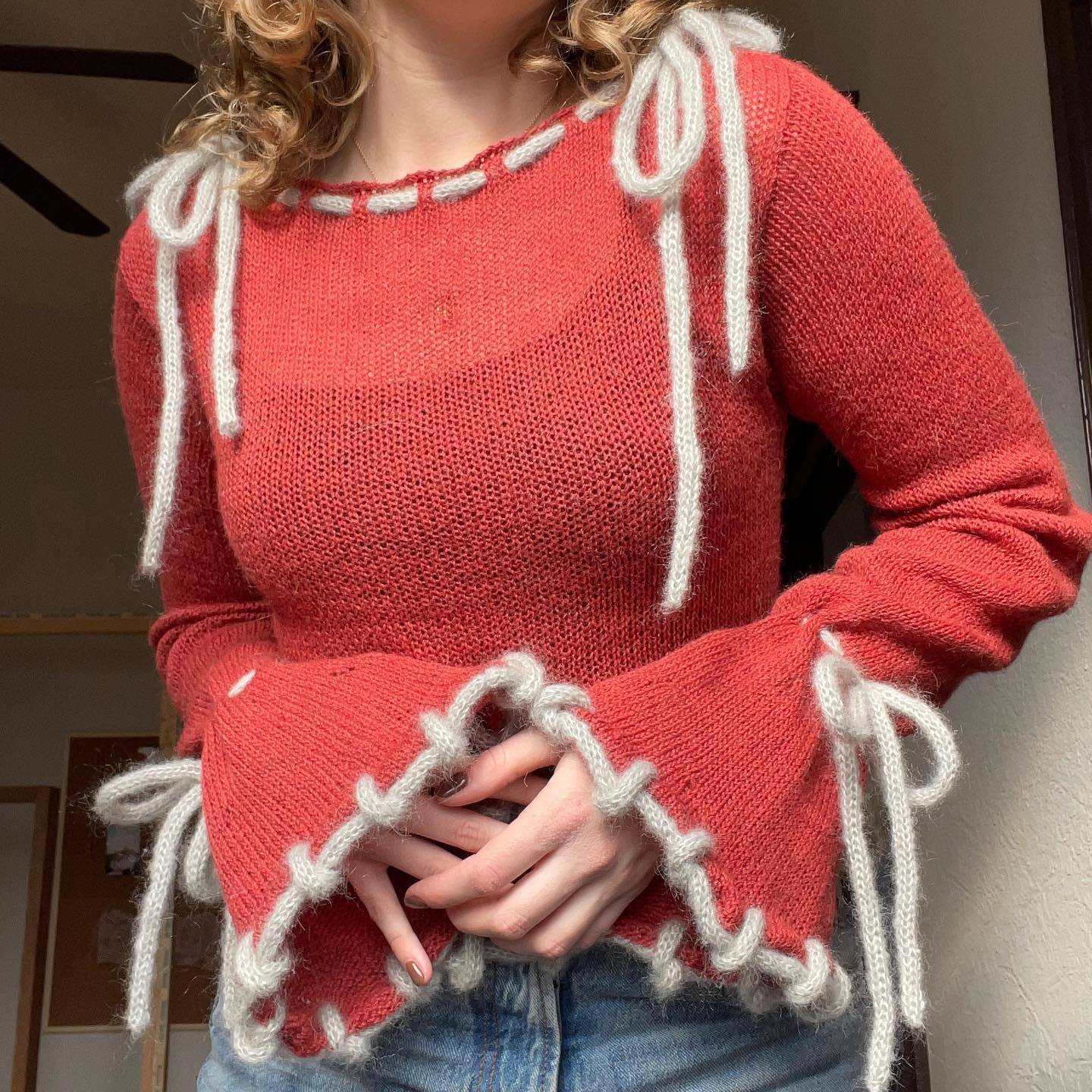 Tie-Front Sweater with Flared Sleeves Slim Fit Knit Top