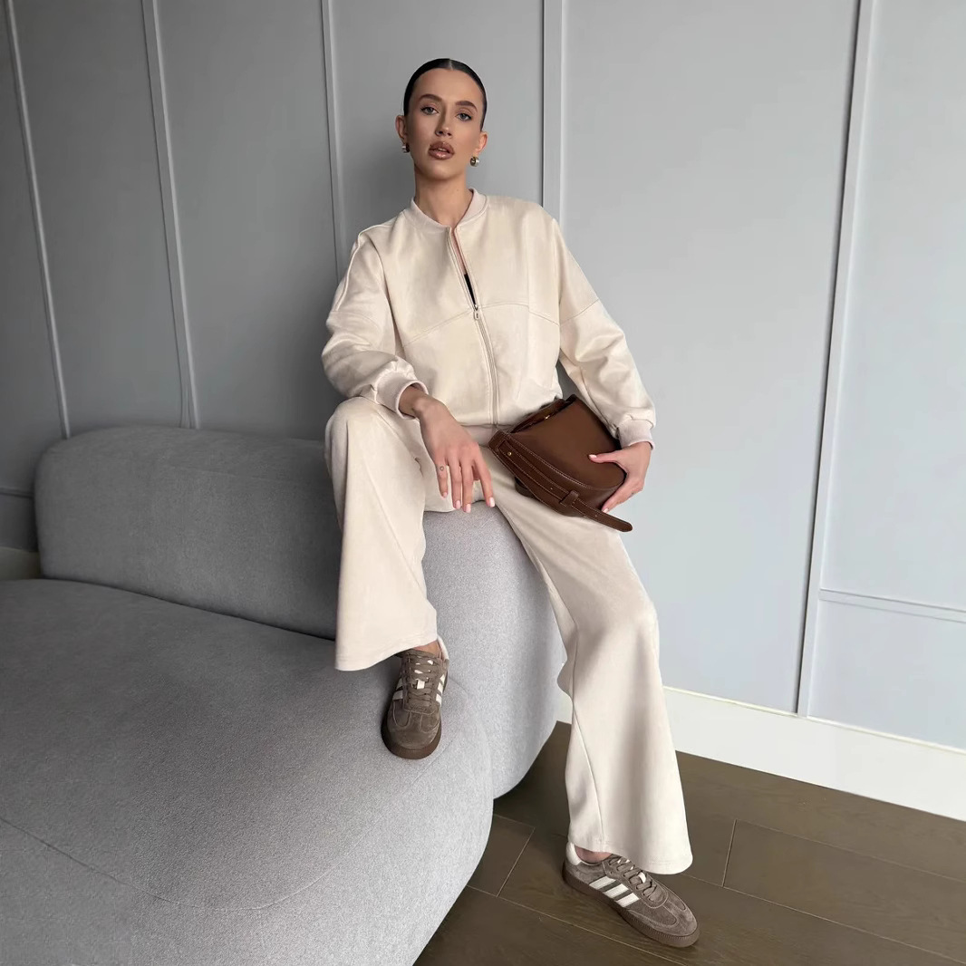 Women's Faux Suede Two-Piece Cardigan and Pants Set Long Sleeve