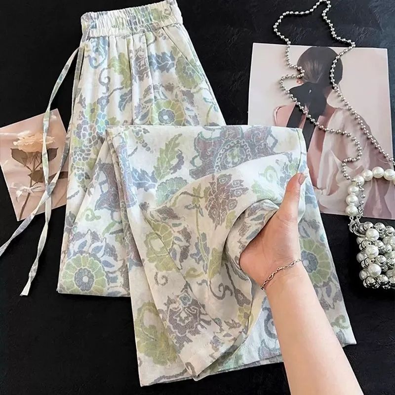 Printed Wide-Leg Pants for Women Lightweight High-Waist Straight-Leg Casual