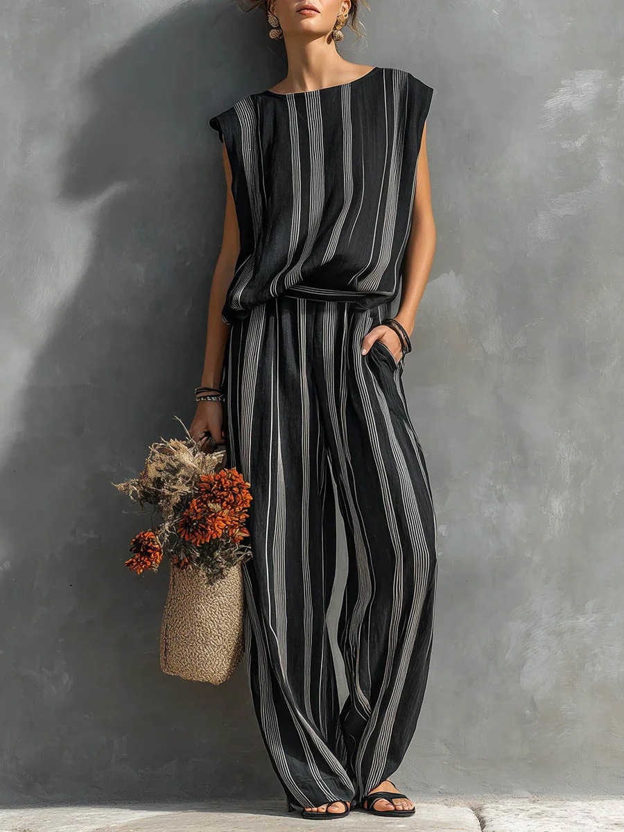 Elegant Round Neck Sleeveless Top and Wide-Leg Pants Two-Piece Set