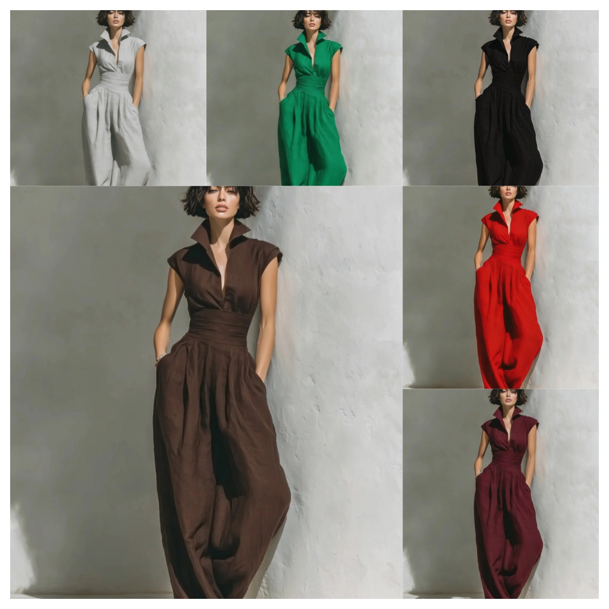 Women's Sleeveless V-Neck Solid Midi Dress with Waist