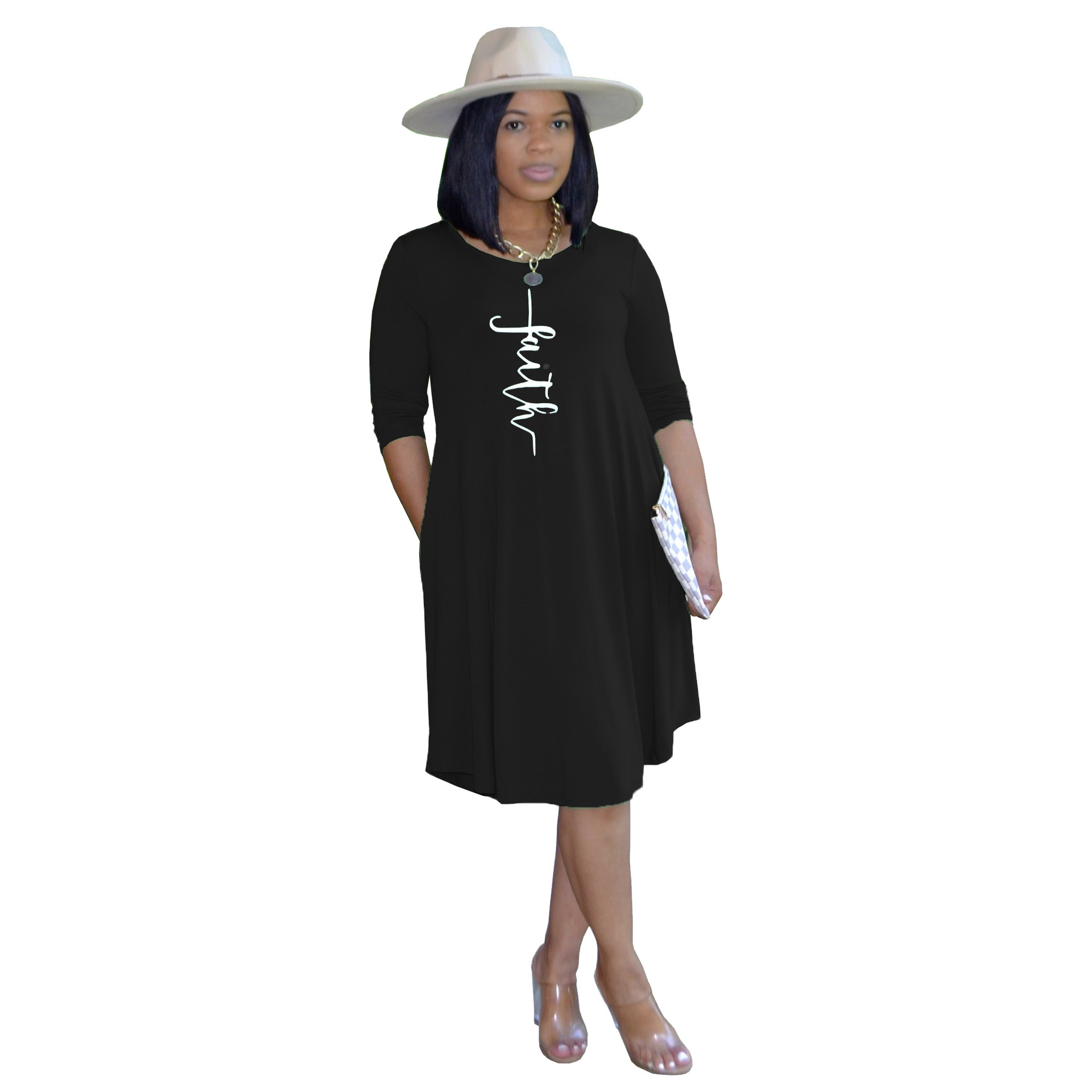 Faith Print A-Line Midi Dress with 3/4 Sleeves