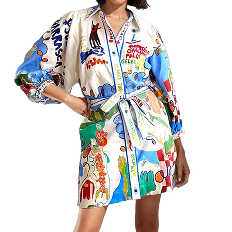 Women's Printed Collared Tie-Front Short Dress
