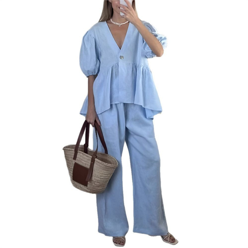 Women's Plus Size V-Neck Puff Sleeve Long Pants Set