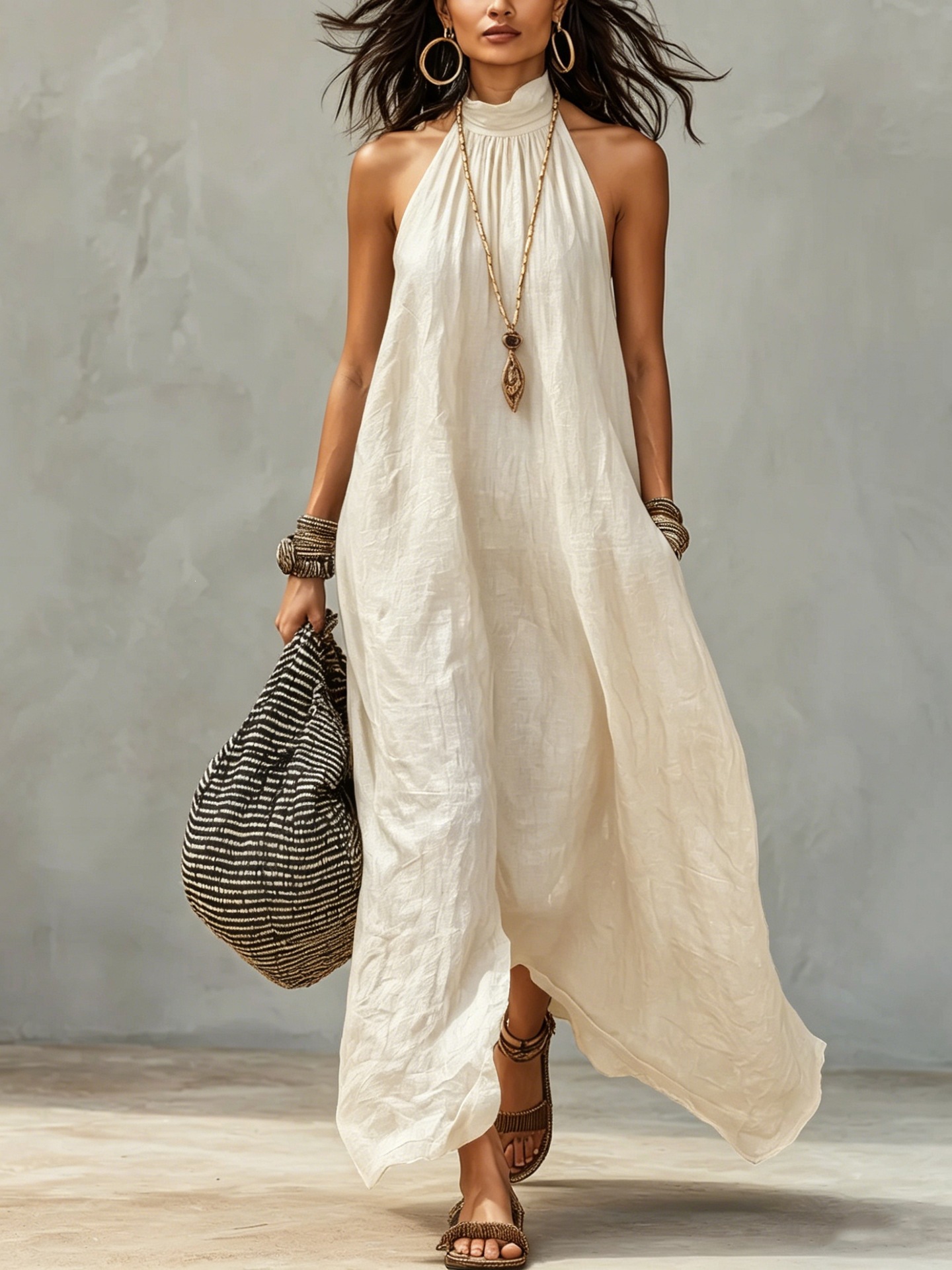 Women's Halter Open-Back Pleated A-Line Maxi Dress