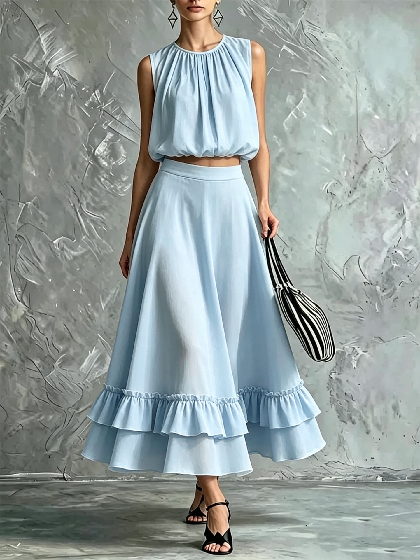 Women's Sleeveless Round Neck Top and Ruffle Hem Maxi Skirt Set