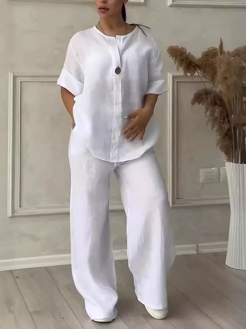 Women's Cotton-Linen Loose Top & Wide-Leg Pants Casual Set