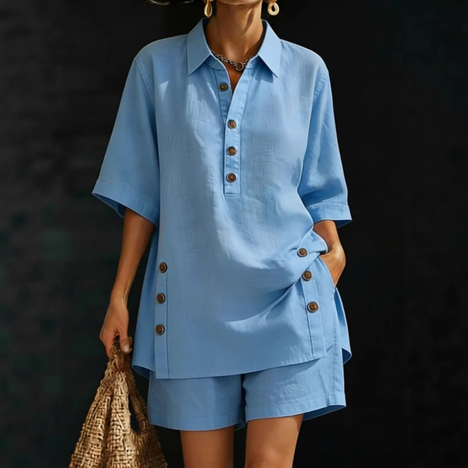 Cotton-Linen Shirt & Shorts Two-Piece Set Casual Loose Button-Down