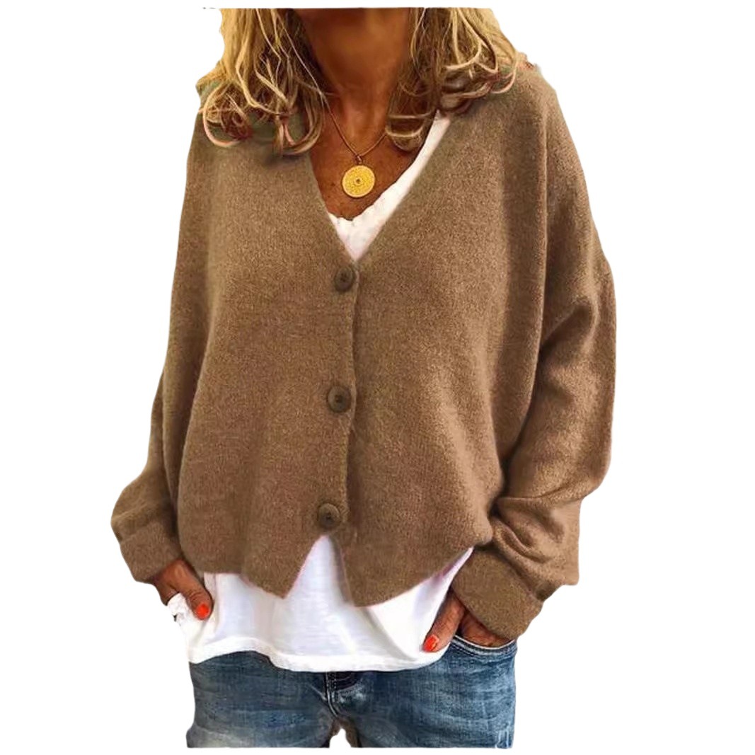 Women's Casual Loose Knit Cardigan Sweater V-Neck Batwing Sleeve Solid Color