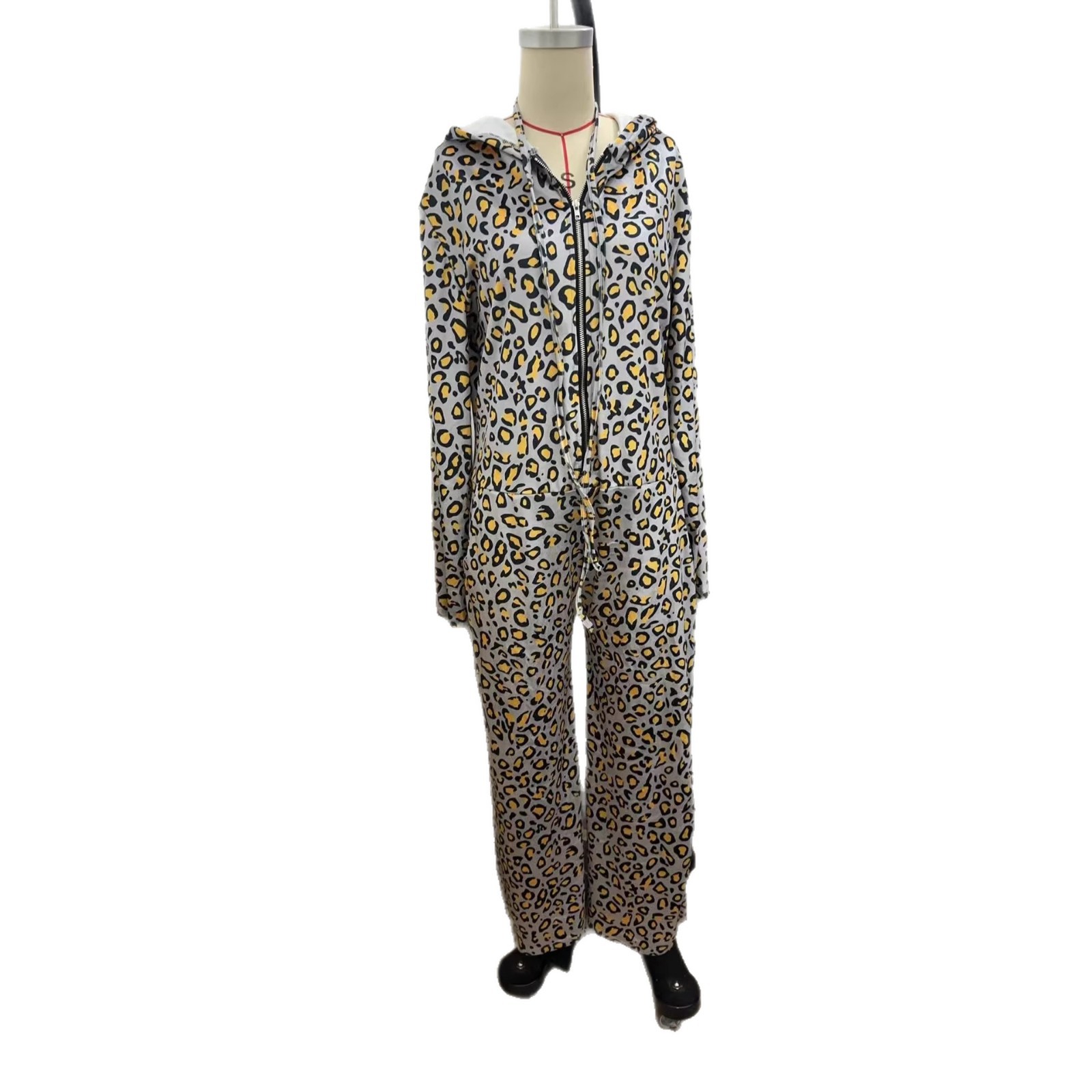 Leopard Print Velvet Hooded Wide-Leg Jumpsuit