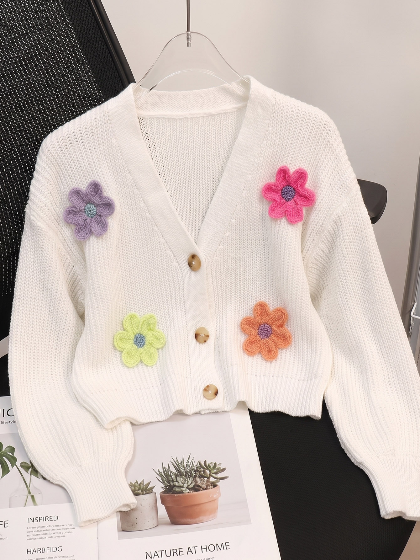 Women's Loose Knit Cardigan with 3D Floral Appliqué