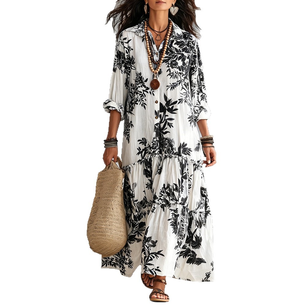 Women's Casual Long Sleeve Lapel Collar Bohemian Floral Print Maxi Dress