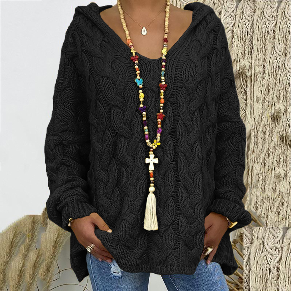 Women's Cable Knit V-Neck Hooded Pullover Sweater
