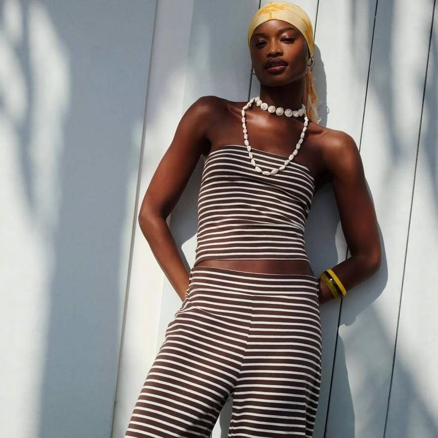Sexy Striped Colorblock Tube Top and Elastic Waist Pants Two-Piece Set
