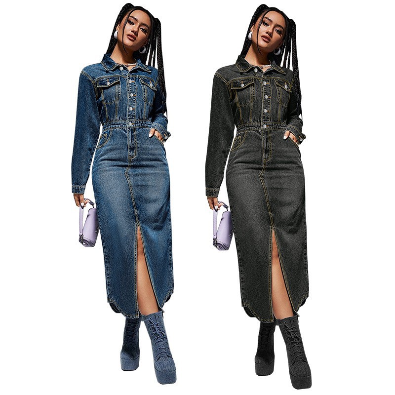 Retro Denim Long Sleeve Maxi Dress with Belt