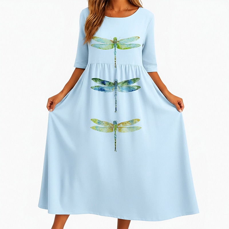 Women's Summer Printed Patchwork French Style Dress Casual A-Line Midi
