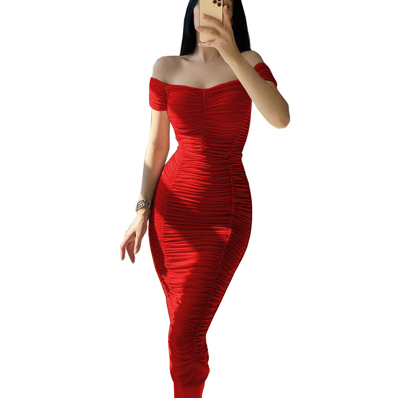 Women's Off-Shoulder Ruched Long Dress Solid Color Elegant Summer