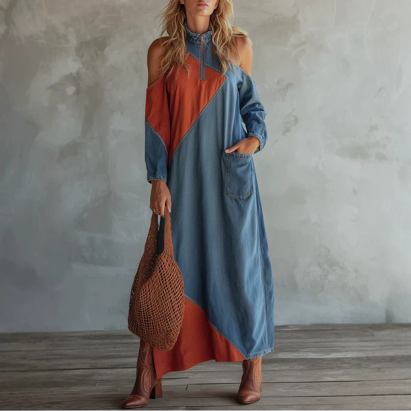 Stand Collar Zip Colorblock Asymmetric Denim Dress