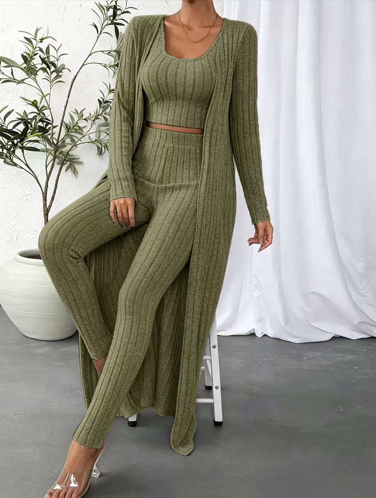 Minimalist Solid Knit 3-Piece Lounge Set with Cardigan