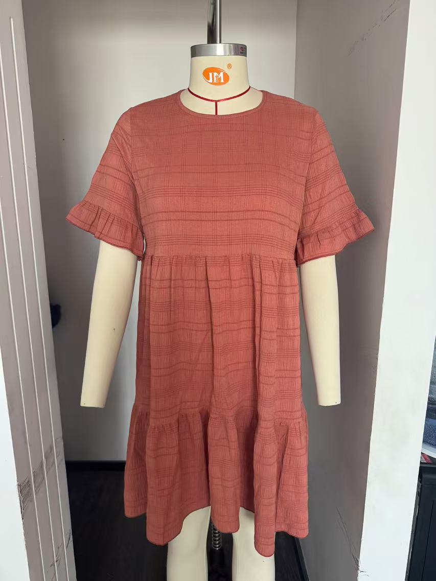 Women's Plaid A-Line Dress with Ruffle Sleeves and Round Neck