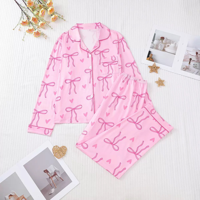Cuban Collar Ribbon Bow Print Long Sleeve Women's Set
