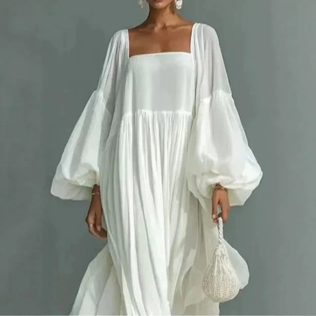 Women's Loose Flowy Square Neck Lantern Sleeve Maxi Dress