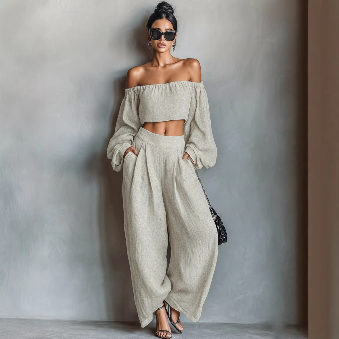 Women's Off-Shoulder Short Top and Wide-Leg Pants Set