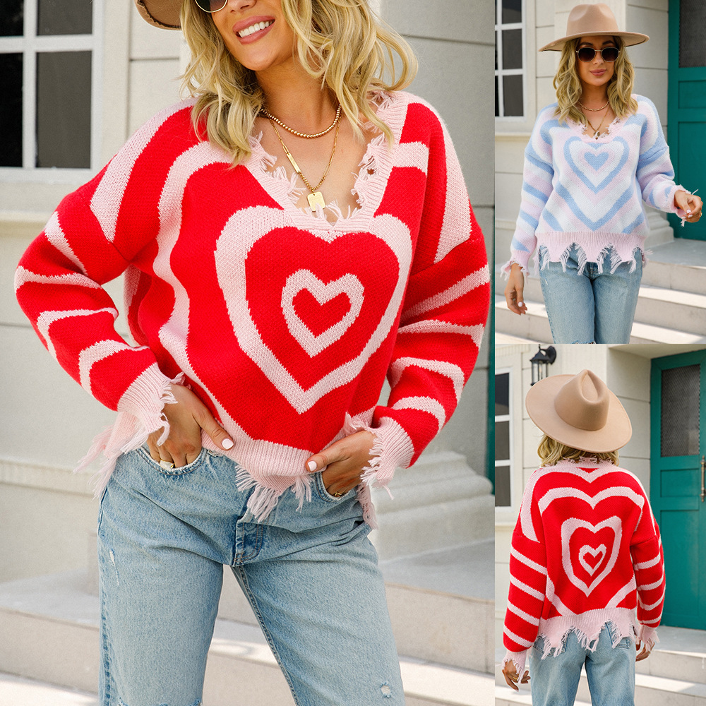 Heart V-Neck Distressed Fringe Long-Sleeve Oversized Sweater