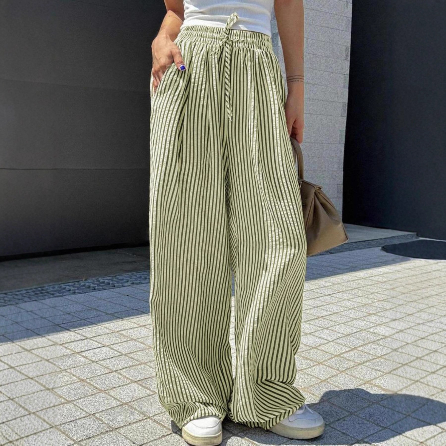 Striped Wide-Leg Drawstring Pants with Pockets