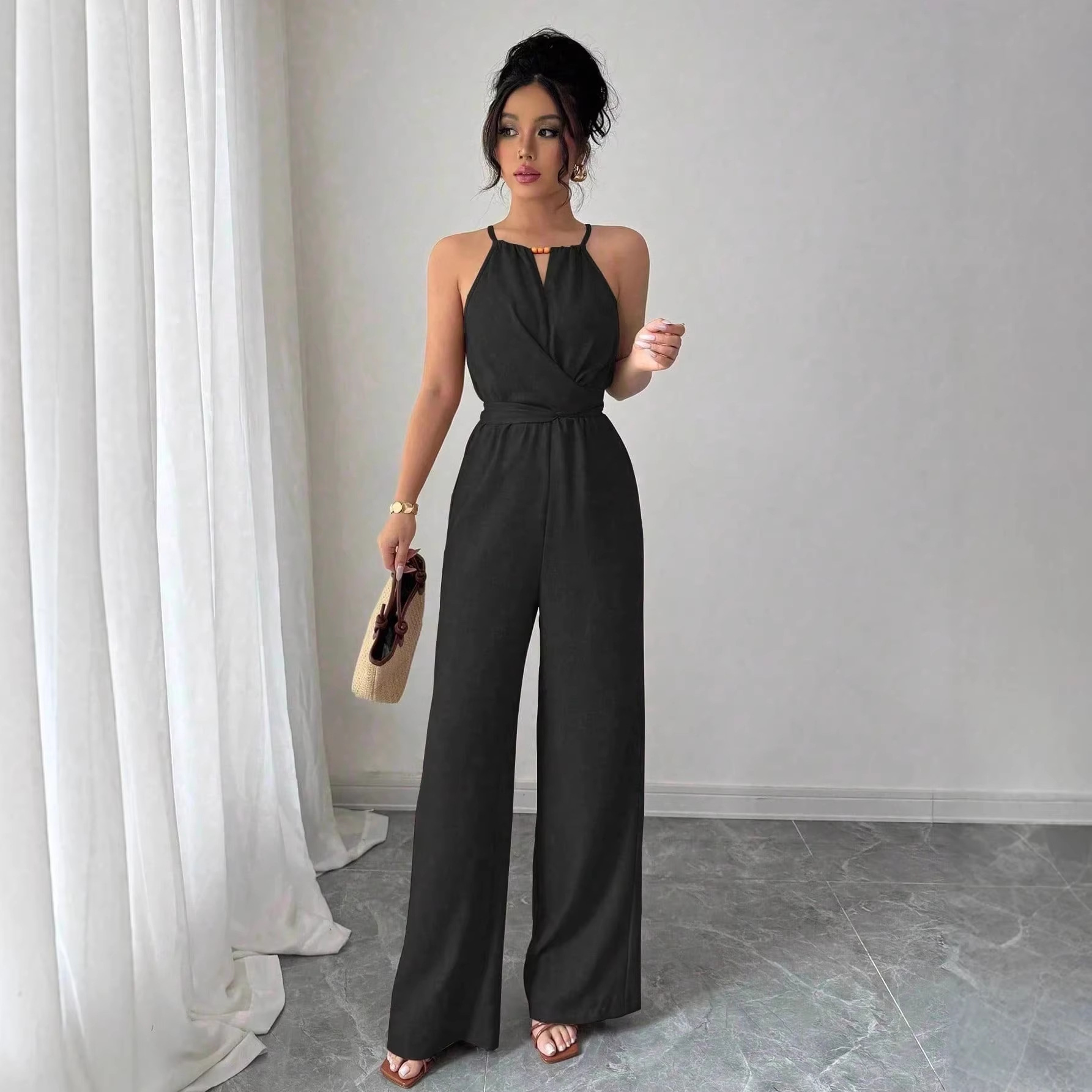 Women's Halter Neck Sleeveless Jumpsuit with Cinched Waist and Flowing Drape