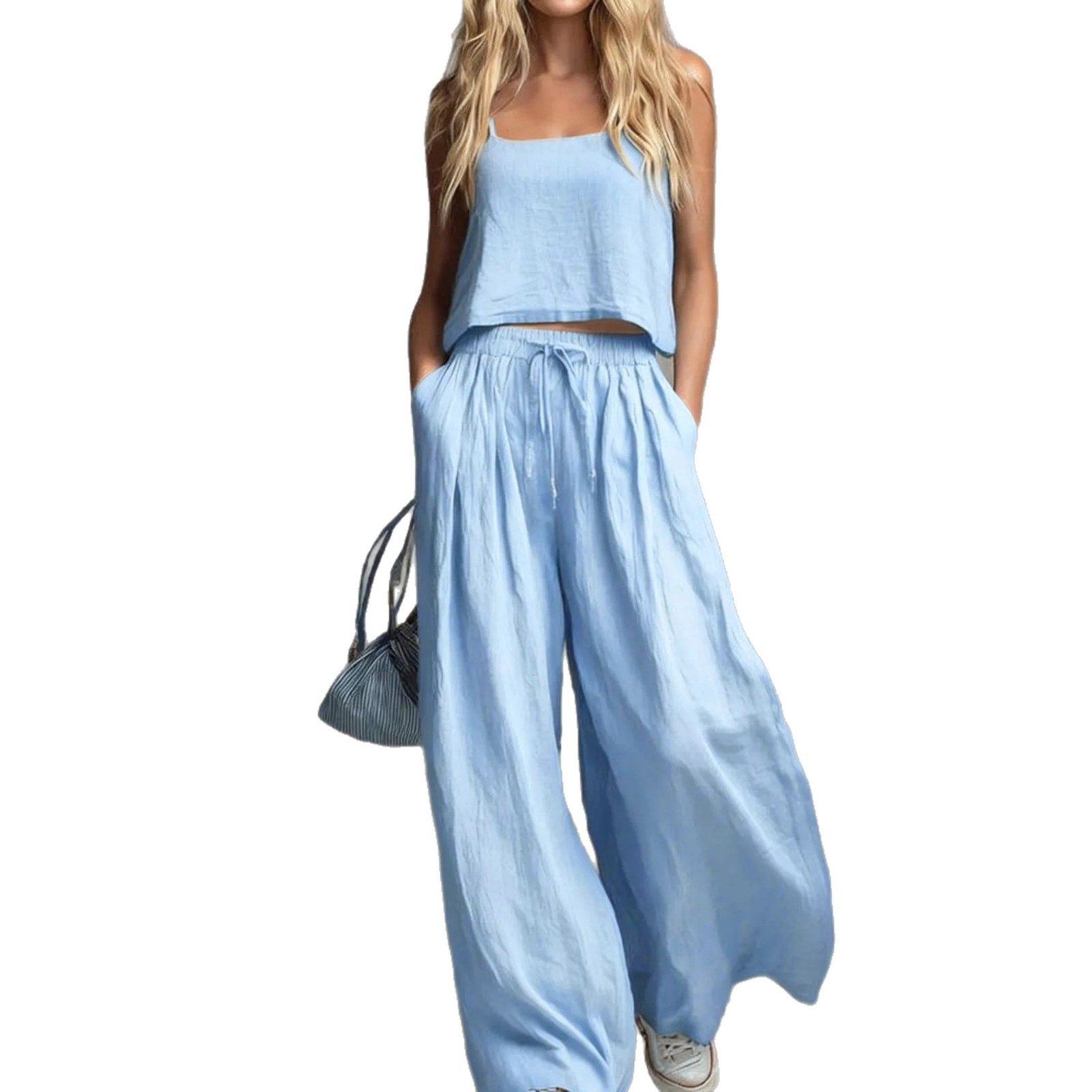 Women's Solid Sleeveless Cami Top and Wide-Leg Pants Set