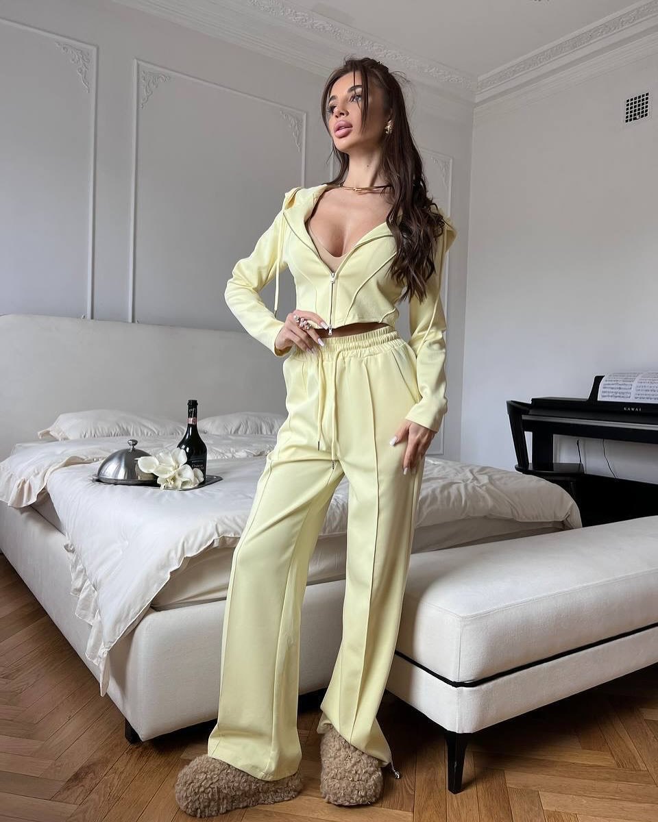 Women's Solid Color Long Sleeve Zip Crop Cardigan and Tie-Waist Pants Two-Piece Set
