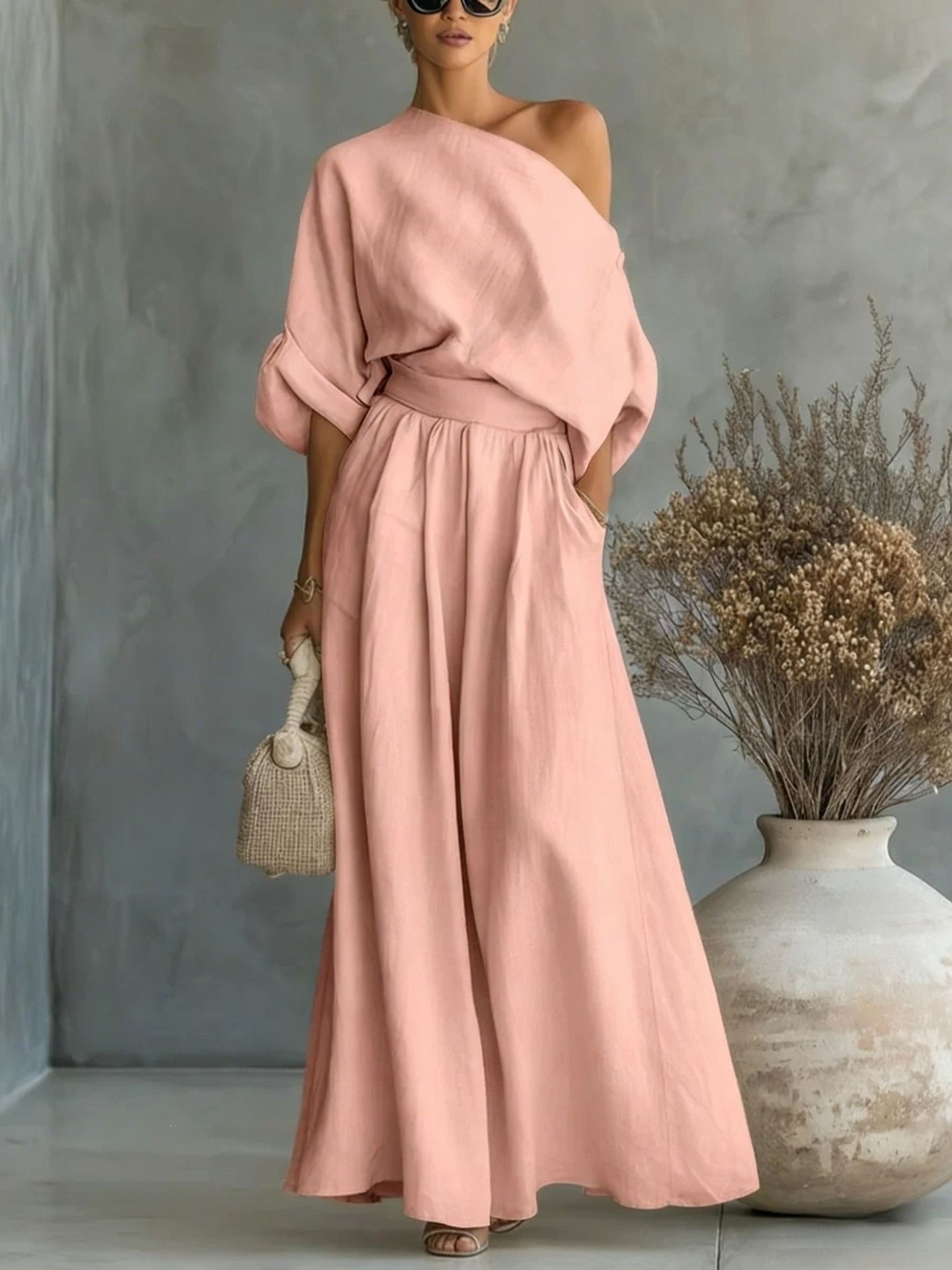 Elegant One-Shoulder Waist-Cinching Top and Skirt Two-Piece Set