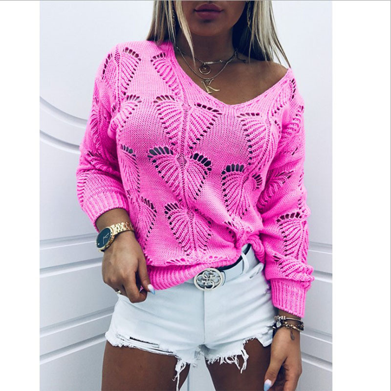Solid V-Neck Hollow-Out Loose Knit Sweater