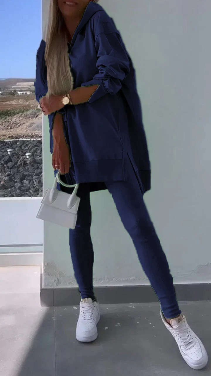 Women's Casual Hooded Split Top and Leggings Two-Piece Set